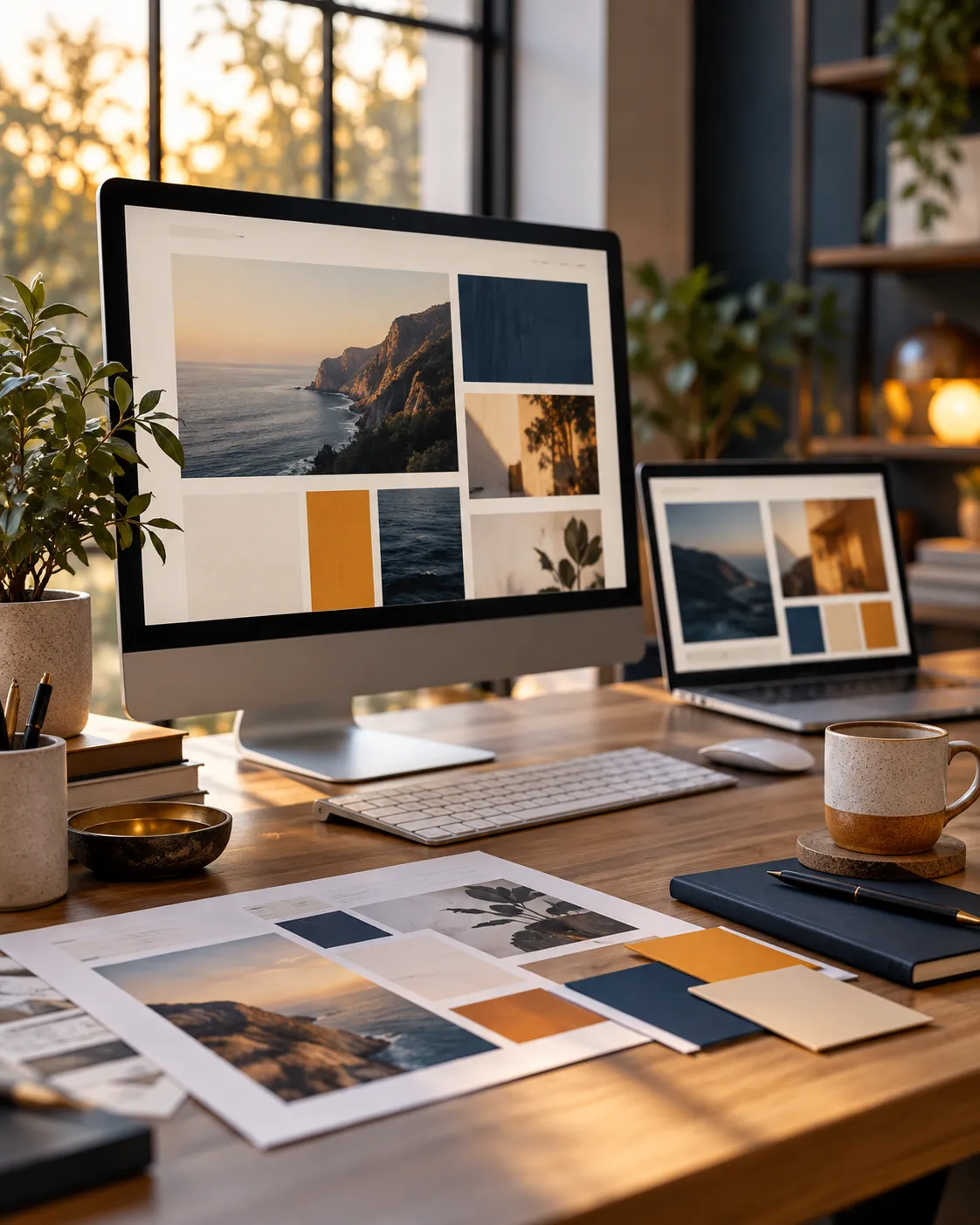 A tidy web design desk with a website layout on screen and colour swatches